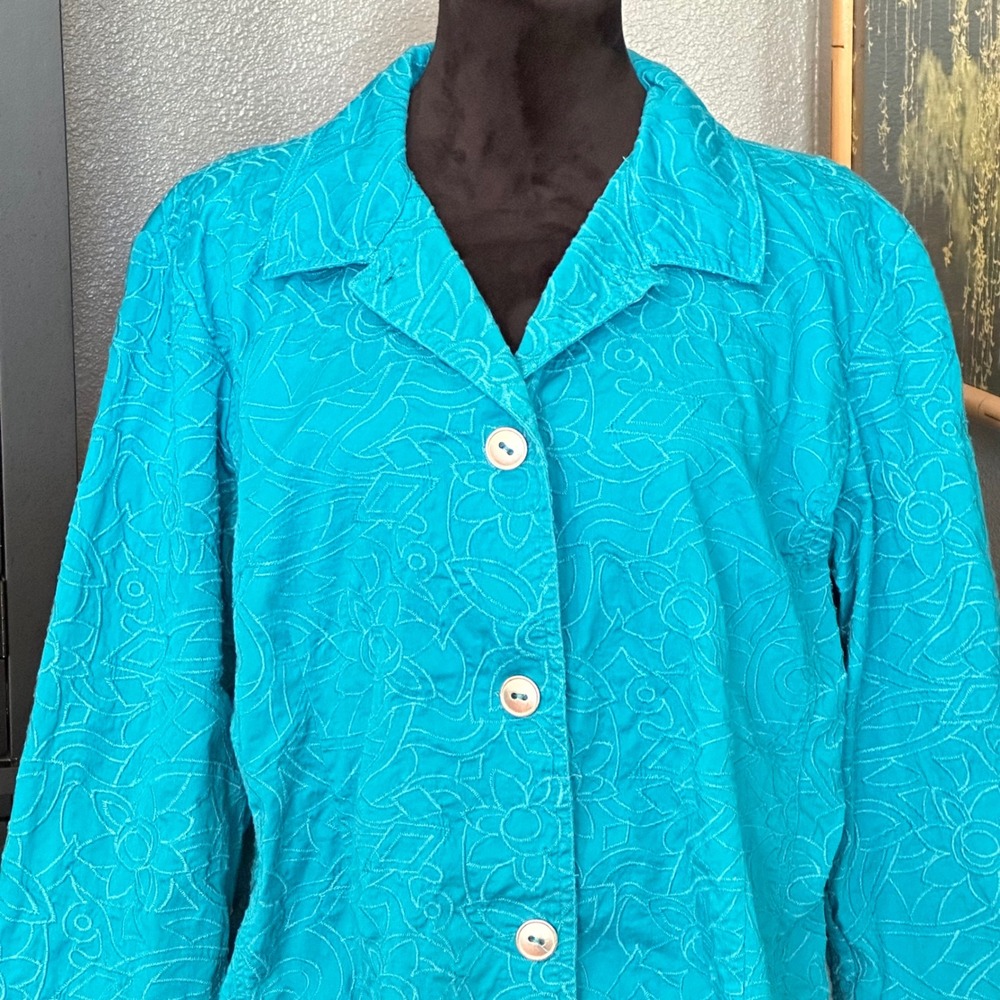 Chico's Button Front Jacket Women Size 3 Teal Blue Embroidered Cotton Stretch - Picture 2 of 8